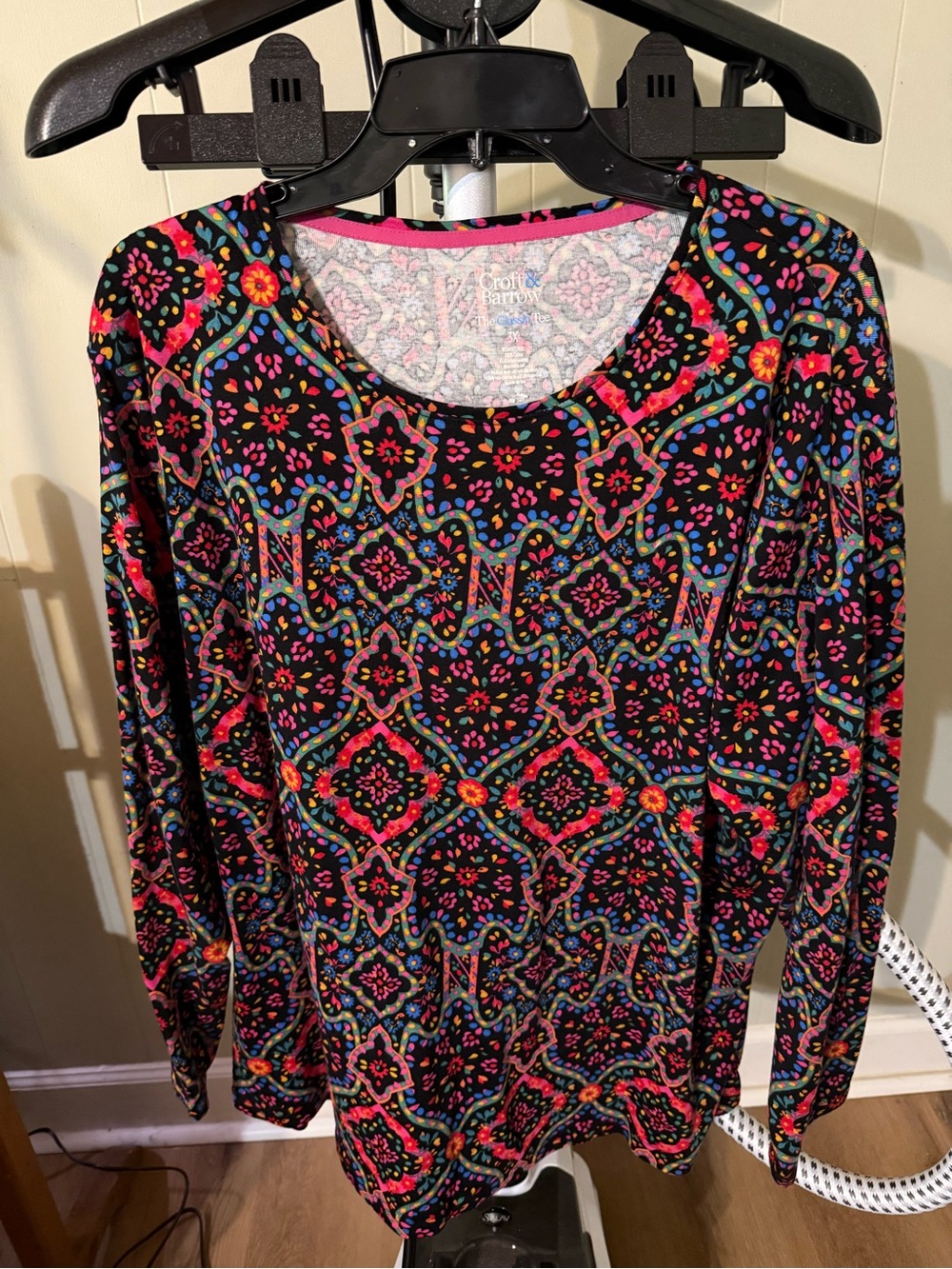 Croft & Barrow Black Multicolor Floral-Geometric Long Sleeve Top 100% cotton 3X